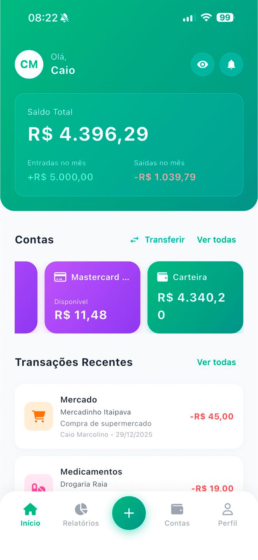 Tela inicial do aplicativo Em Dia mostrando saldo total, contas e transações recentes